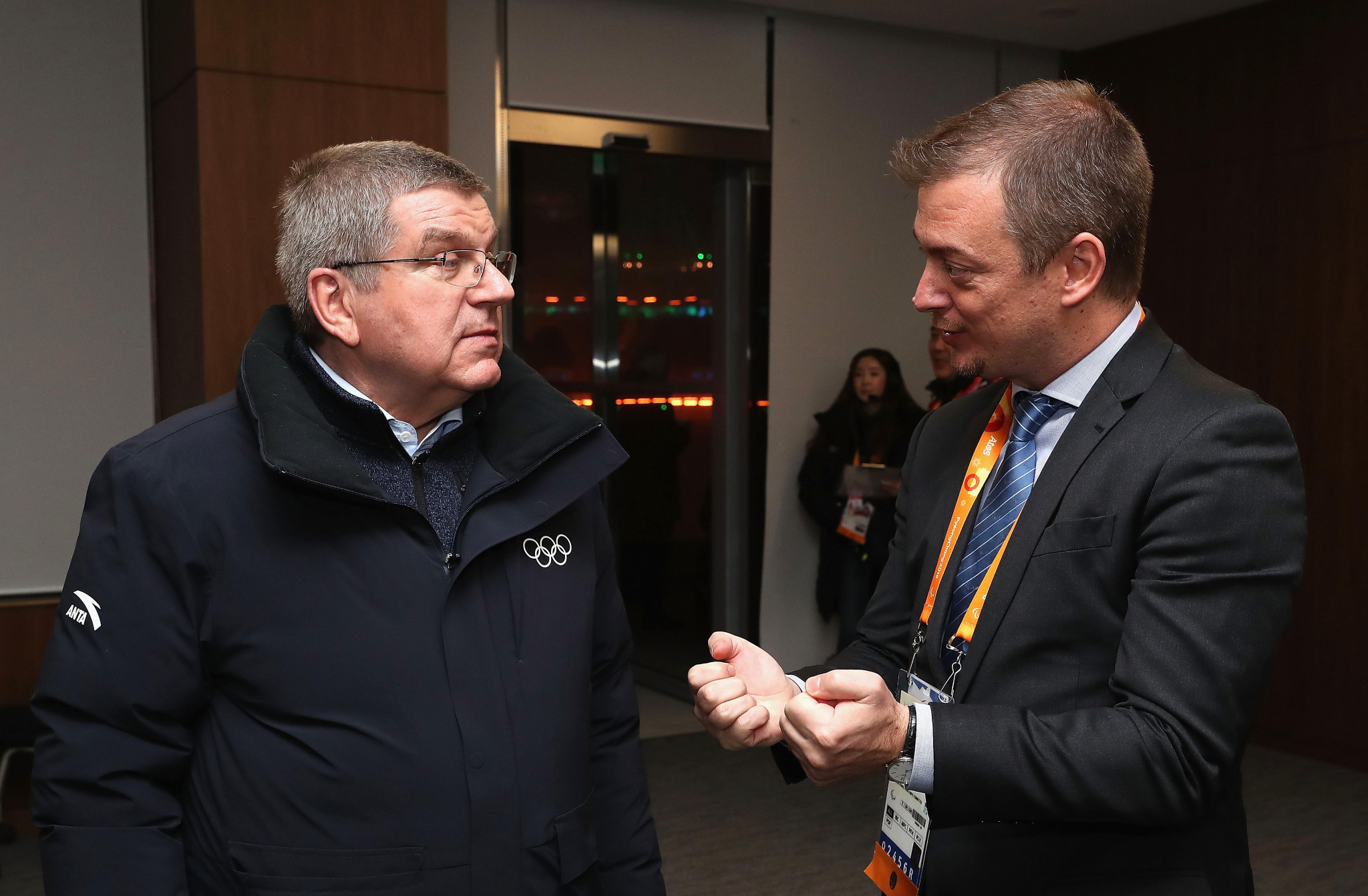 IOC President Thomas Bach, left, joined his IPC counterpart Andrew Parsons at tonight's ceremony in Pyeongchang ©Getty Images