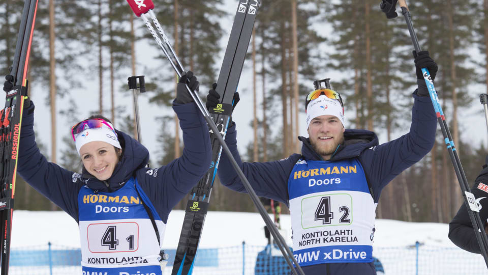 Antonin Guigonnat and his team-mate Anais Chevalier earned victory for France in today’s single mixed relay event at the Kontiolahti IBU World Cup ©IBU