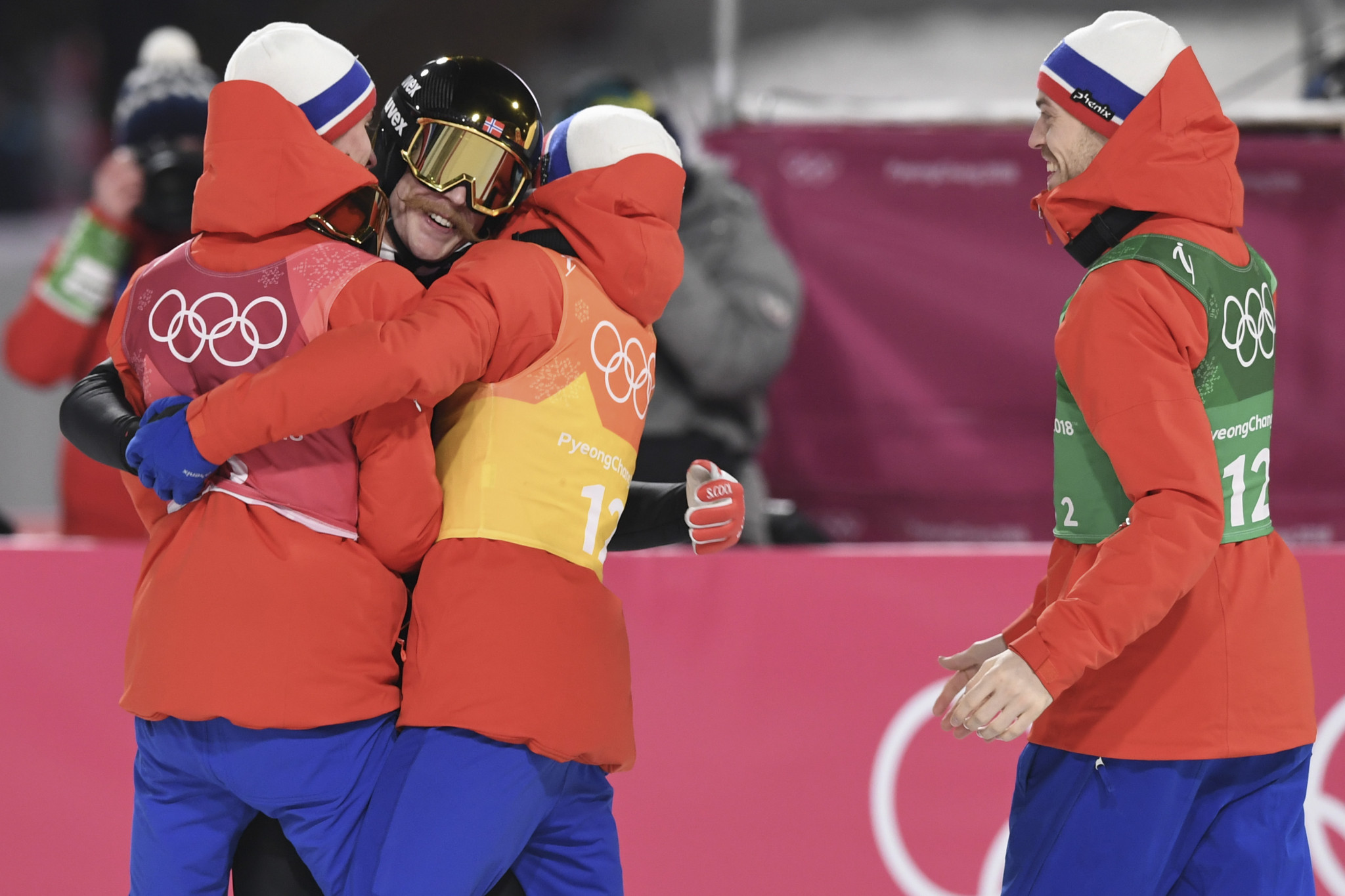The same Norwegian quartet celebrate team gold at Pyeongchang 2018 last month ©Getty Images