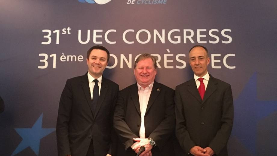 Britain's Alasdair Maclennan, centre, was elected to the UEC Management Board ©UEC