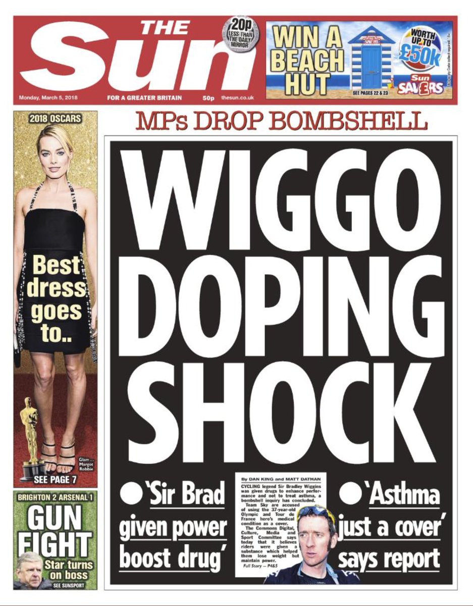 The Sun newspaper celebrated Sir Bradley Wiggins' Tour de France victory in 2012 but have now helped turn the public against him following the publication of the Combatting Doping in Sport report last week ©The Sun