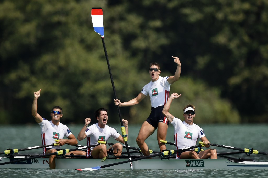 France's lightweight men's quarduple scullers celebrate the first home gold of the World Rowing Championships on Lake Aiguebelette  ©Getty Images