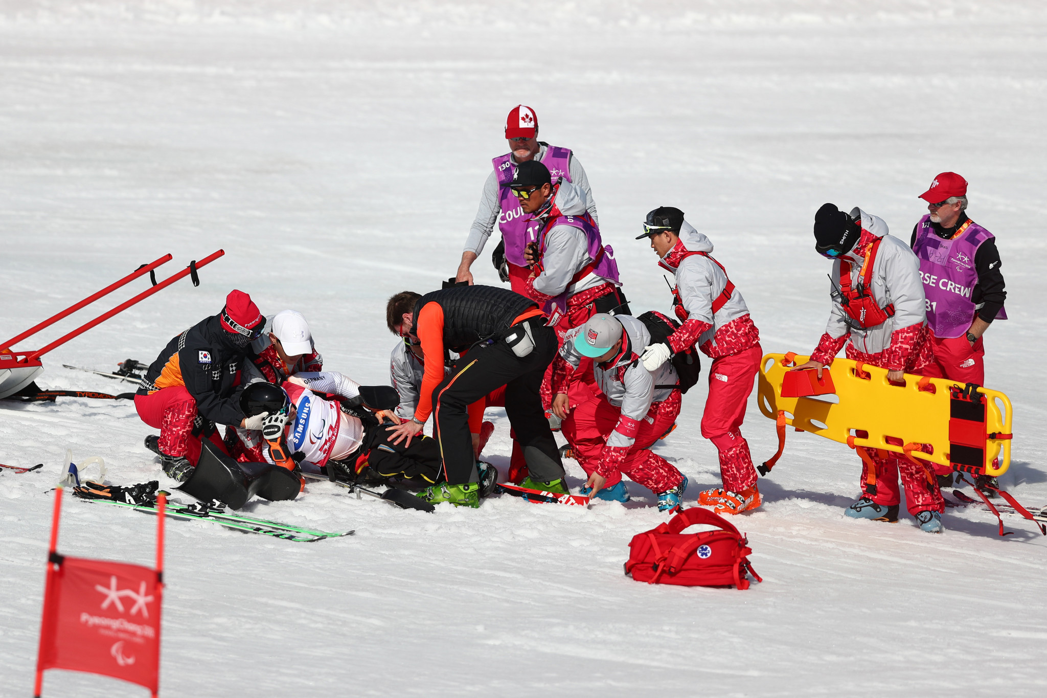Germany's Georg Kreiter is treated after crashing in the men's giant slalom sitting competition ©Getty Images