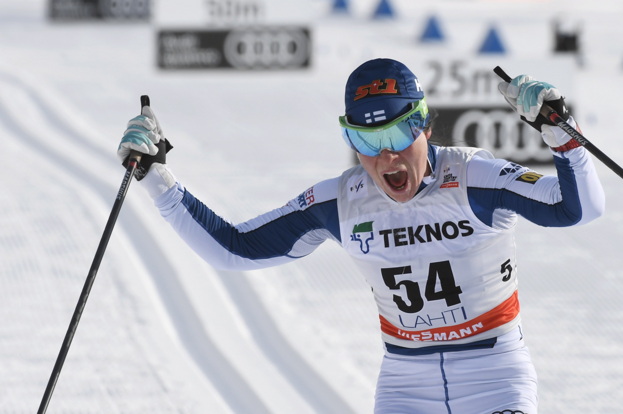 Krista Parmakoski celebrates her 10km classic victory today ©Getty Images