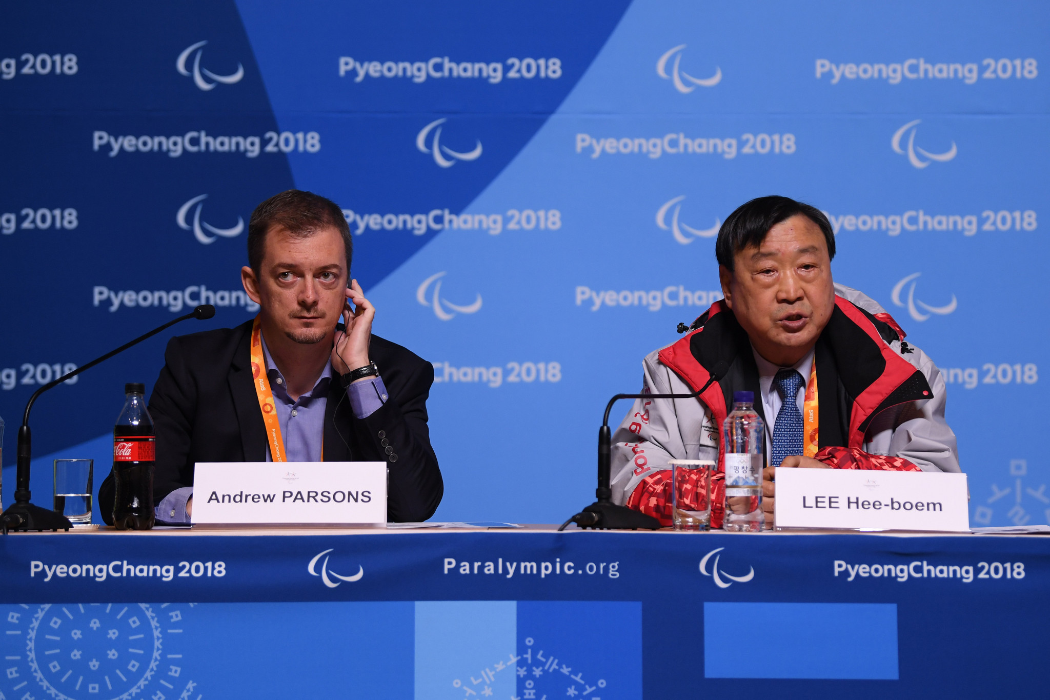 IPC President Andrew Parsons, left, and Pyeongchang 2018 President Lee Hee-beom both spoke at today's final media briefing of the Winter Paralympic Games ©Getty Images