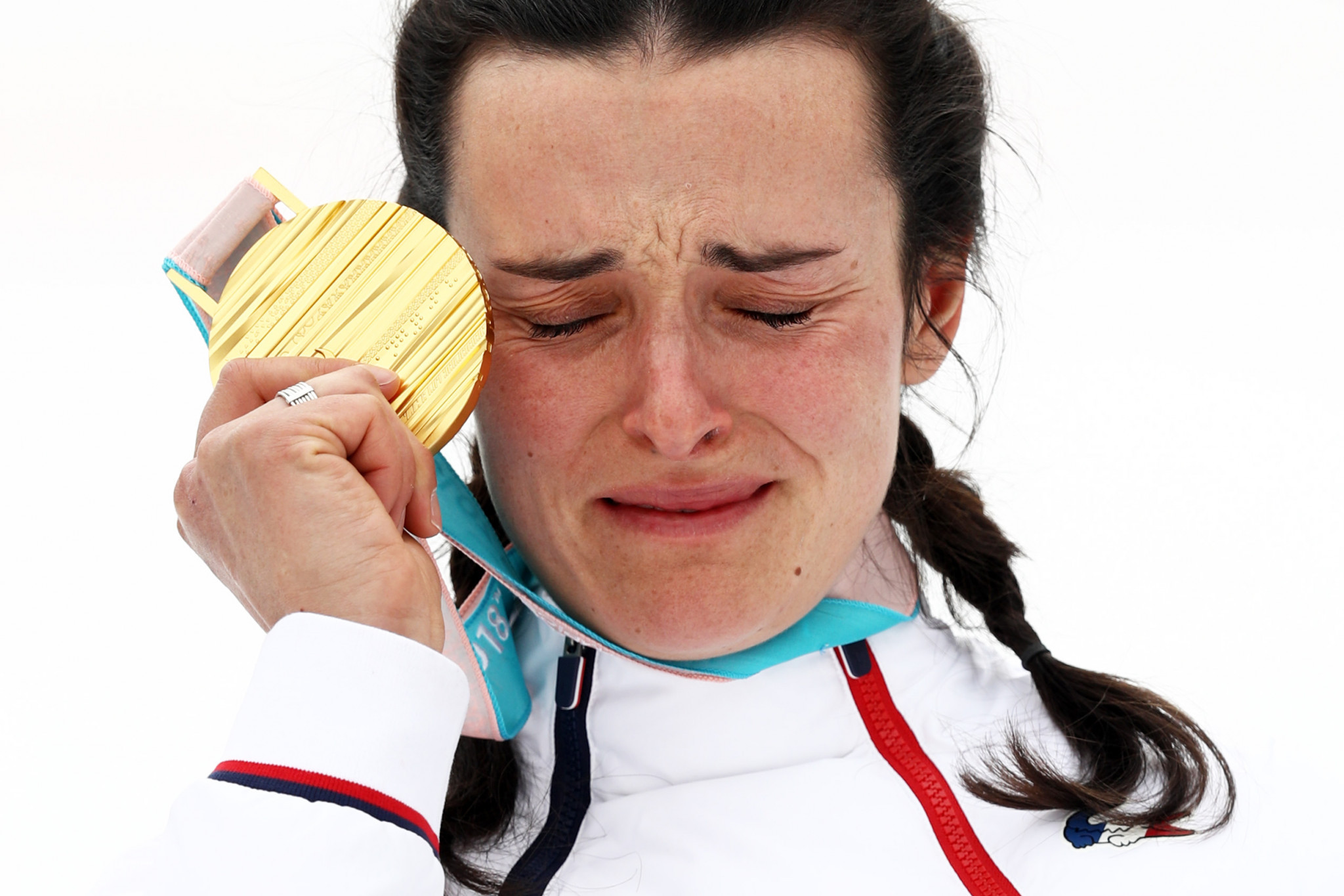 France's Marie Bochet struggles to contain her emotions after winning her fourth gold medal of the Games ©Getty Images