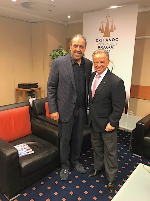 IFBB President Santonja with Sheikh Ahmad Al Fahad Al Sabah, President of the Association of National Olympic Committees and the Olympic Council of Asia, in Prague last November ©IFBB
