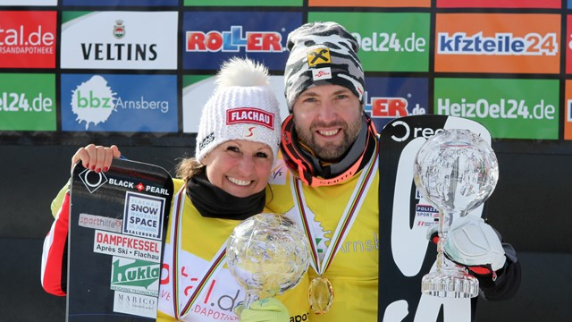 Austria's Claudia Riegler and Andreas Prommegger, overall Alpine Snowboard World Cup champions ©FIS