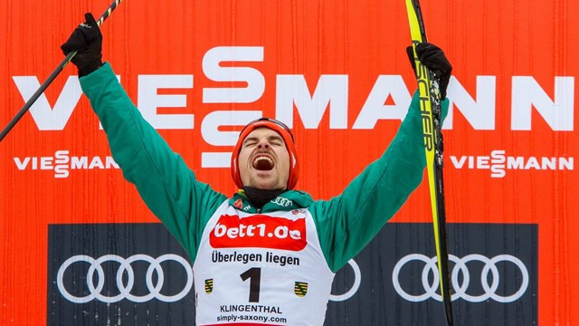 Germany's Fabian Rießle salutes a third consecutive Nordic Combined World Cup win in Klingenthal ©FIS