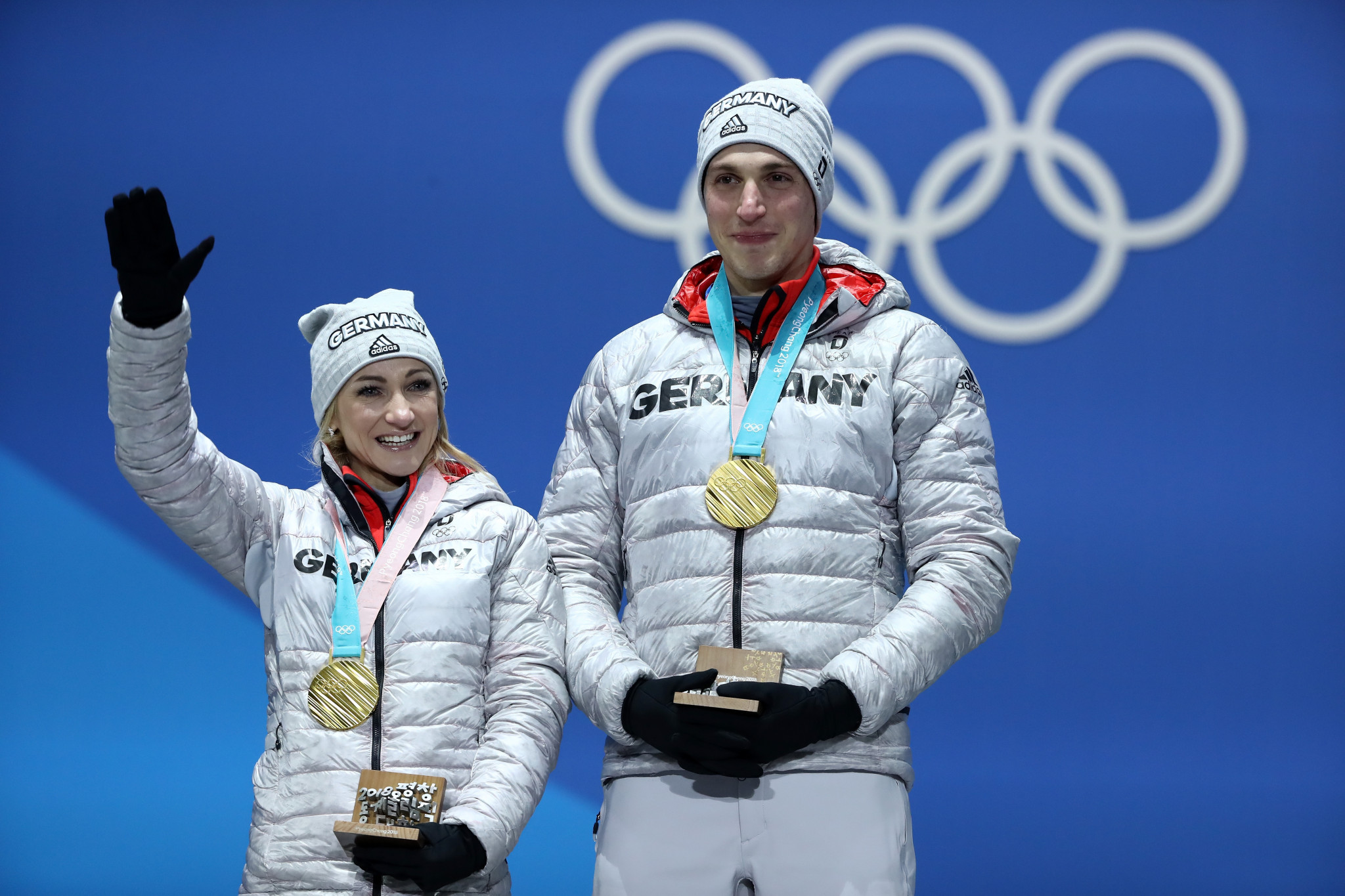 Aliona Savchenko, left, celebrates gold alongside Bruno Massot at Pyeongchang 2018 ©Getty Images
