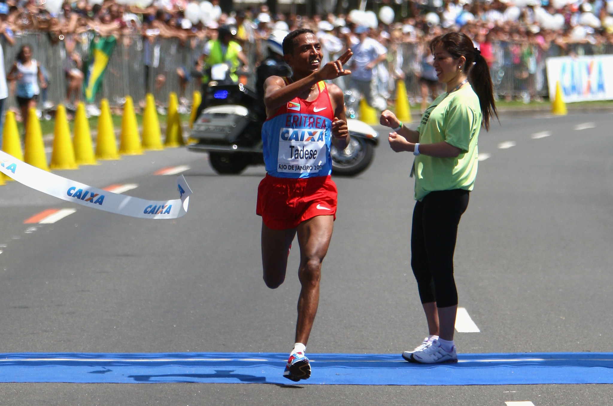 Eritrea's Zersenay Tadese comes home to win the IAAF Half Marathon title in 2008 - one of a record haul of five wins in the event or its equivalents ©Getty Images