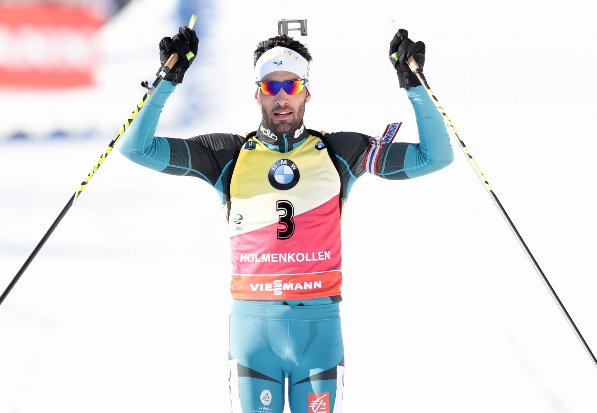 Martin Fourcade, pictured winning in Holmenkollen last week, won the World Cup finals today in Russia ©Getty Images