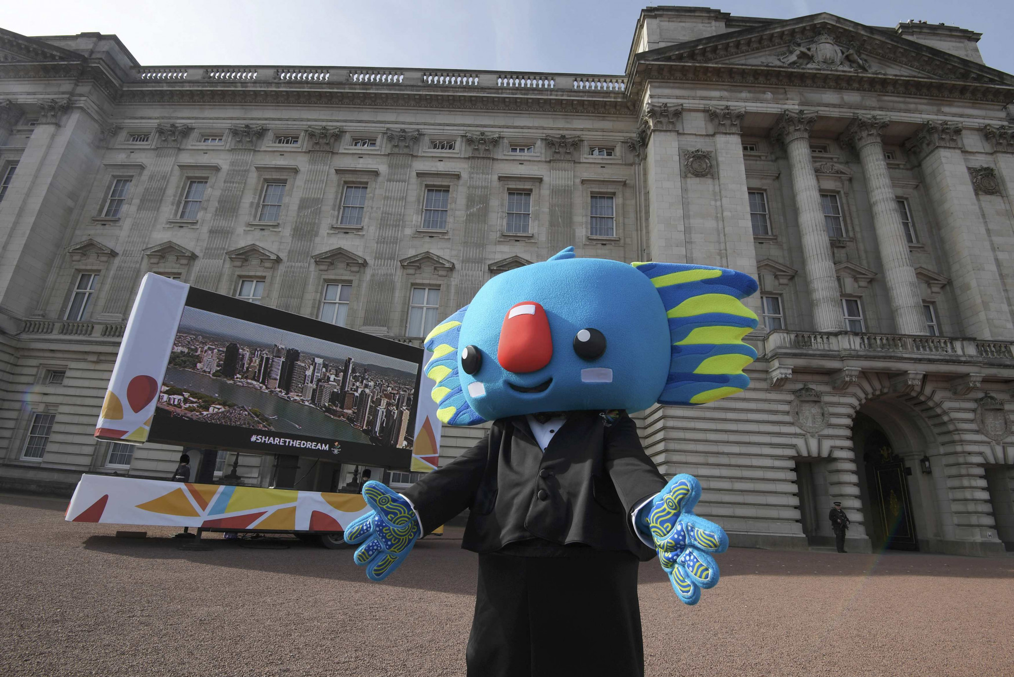 Gold Coast 2018 mascot Borobi was in dancing mood at the start of the Queen's Baton Relay at Buckingham Palace ©Getty Images