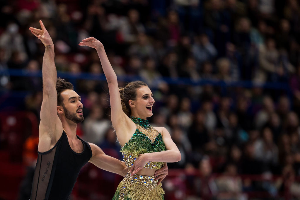 Gabriella Papadakis and Guillaume Cizeron of France put up a record score as they won the first part of the Ice Dance competition, the Latin Short Dance, at the ISU World Figure Skating Championships in Milan ©Getty Images.