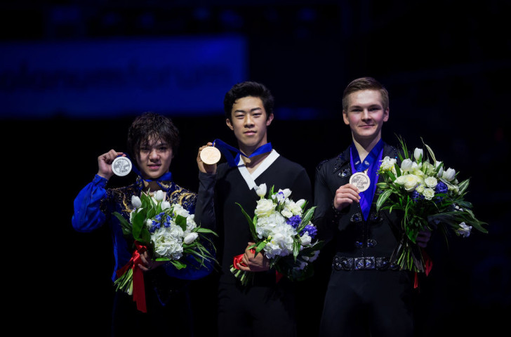 Medallists in Milan - from left, Shoma Uno, Nathan Chen and Mikhail Kolyada ©ISU