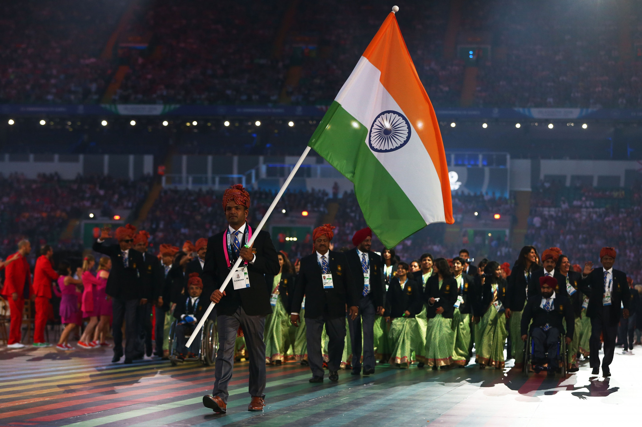 Olympic shooting silver medallist Vijay Kumar carried the Indian flag at the Glasgow 2014 Opening Ceremony ©Getty Images