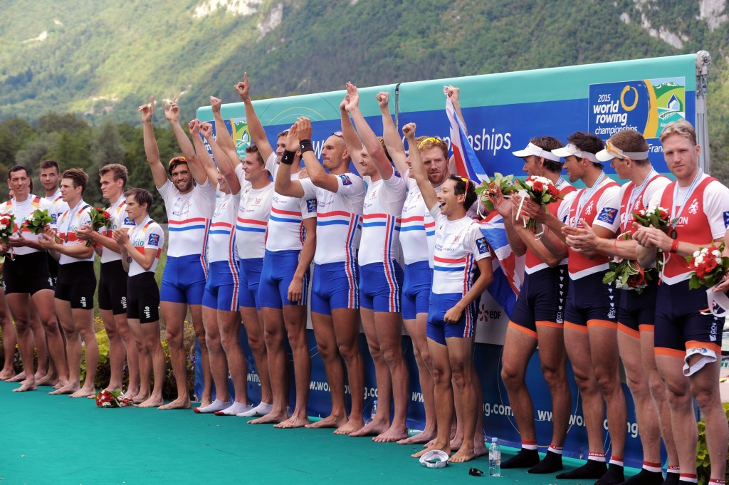 Great Britain (centre) celebrate after claiming gold in the men's eight ©AFP/Getty Images