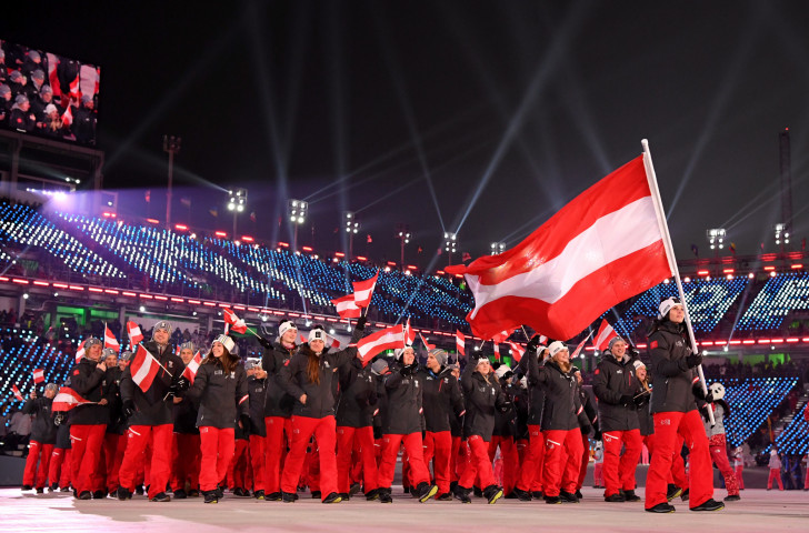 Austria's team take part in the Opening Ceremony of Pyeongchang 2018 and in eight years time could be marching on home soil if Graz and Schladming's ambitions to host the 2026 Winter Olympics are successful ©Getty Images