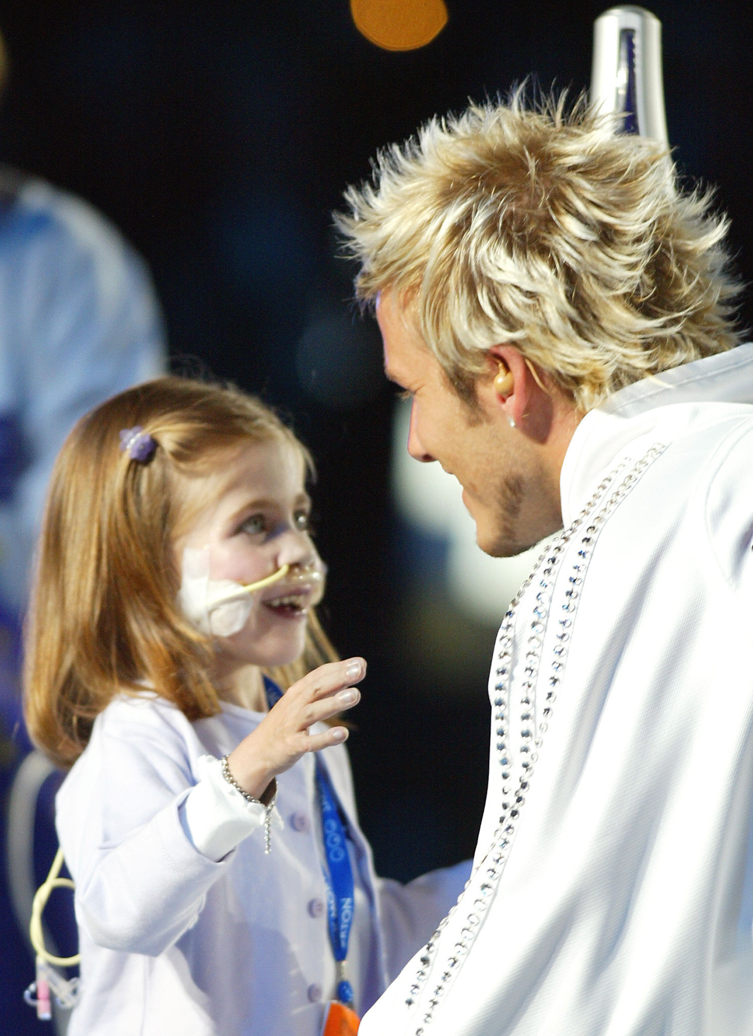 Kirsty Howard, left, captured the imagination of the world when she was joined by David Beckham for the Opening Ceremony of the 2002 Commonwealth Games in Manchester ©Getty Images