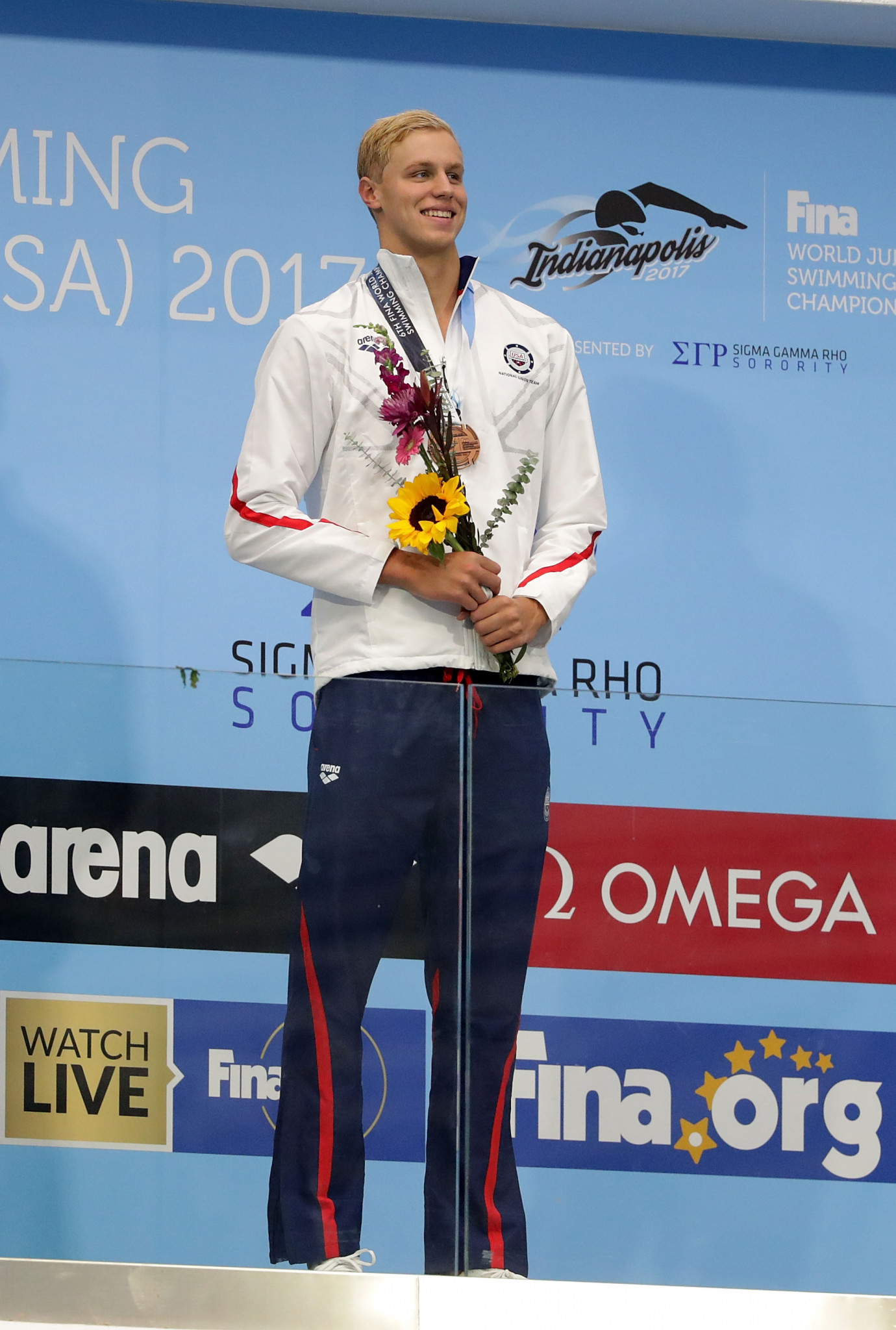 Matthew Willenbring celebrates his bronze medal-winning performance in the men's 100m freestyle event at the FINA World Junior Swimming Championships ©Getty Images