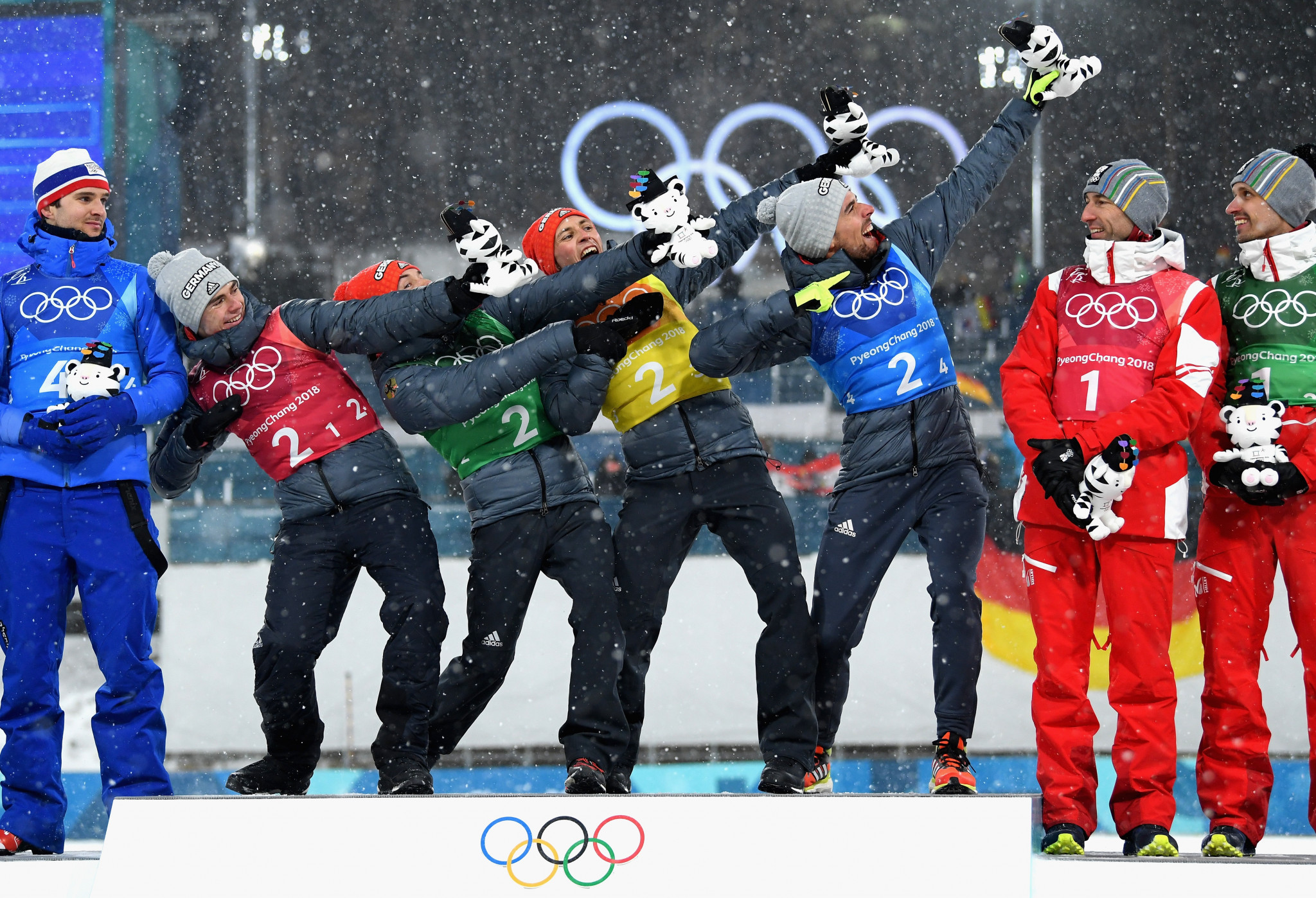 Germany’s Olympic gold medal-winning Nordic combined team struck the "Lightning Bolt" pose on the Pyeongchang 2018 winners' podium ©Getty Images