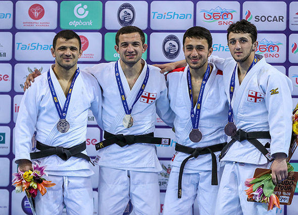 Lukhumi Chkhvimiani, second left, took gold in a clean sweep of medals for the home nation Georgia in the men's under-66 kilograms class in Tbilisi ©IJF