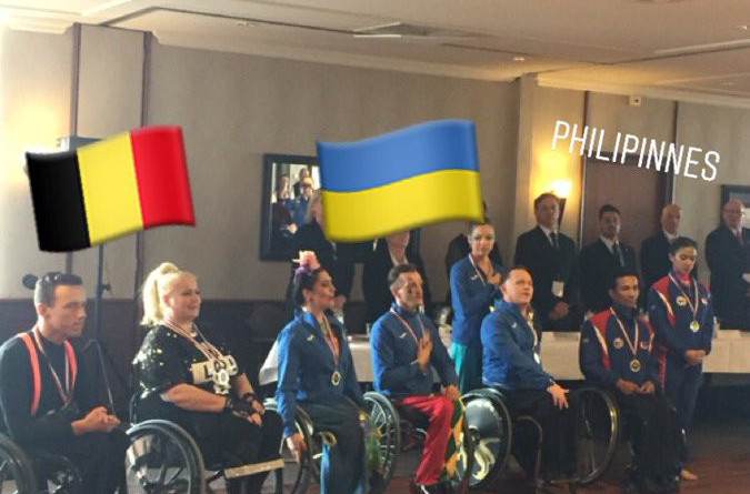 Opening day winners from Belgium, Ukraine and The Philippines line up at the World Para Dance Sport event ©Twitter
