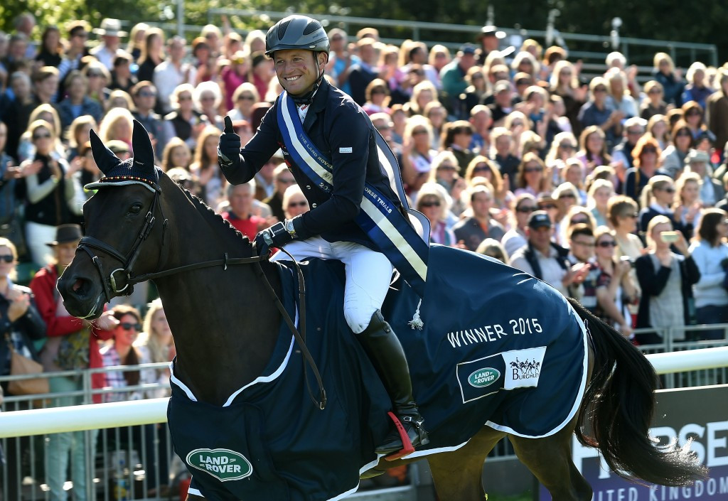 Michael Jung celebrates after securing victory at the Burghley Horse Trials, perfect preperation for a defence of his European title ©Getty Images