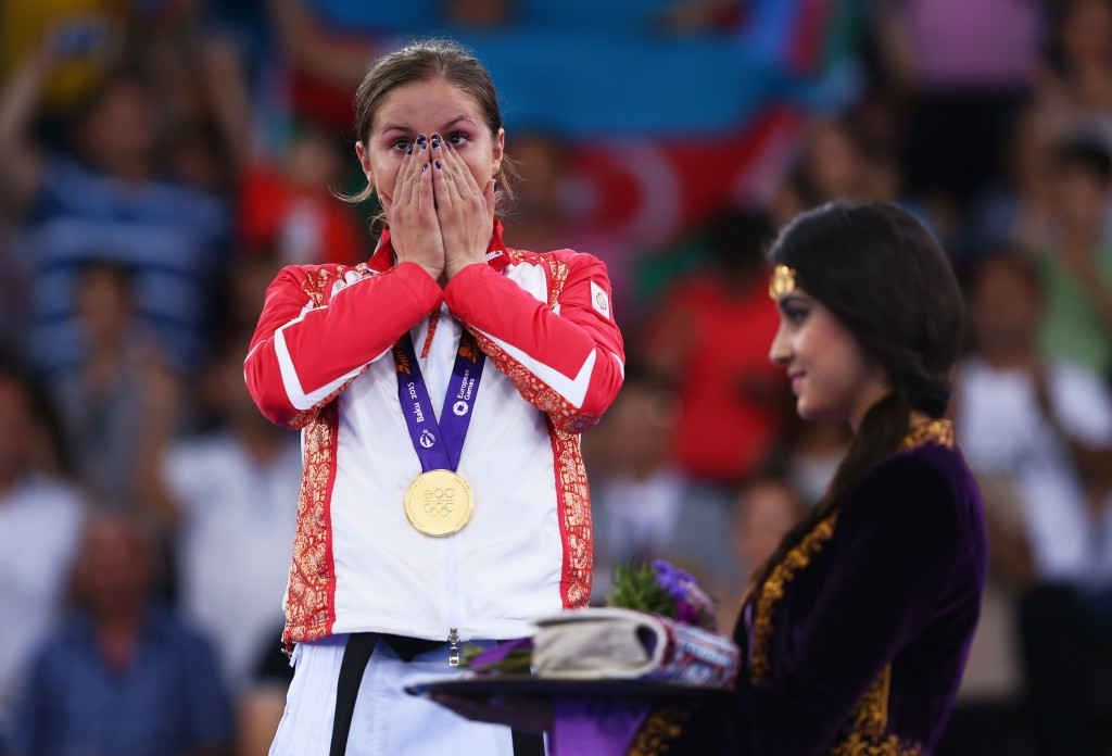 Irina Zaretska, pictured collecting gold at Baku 2015, was on dominant form again in Istanbul ©Getty Images