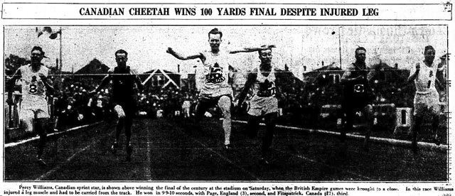 Canada's great hero Percy Williams won the 100 yards to add to the Olympic 100 and 200 metres gold medals he had won at Amsterdam 1928 ©Hamilton Spectator