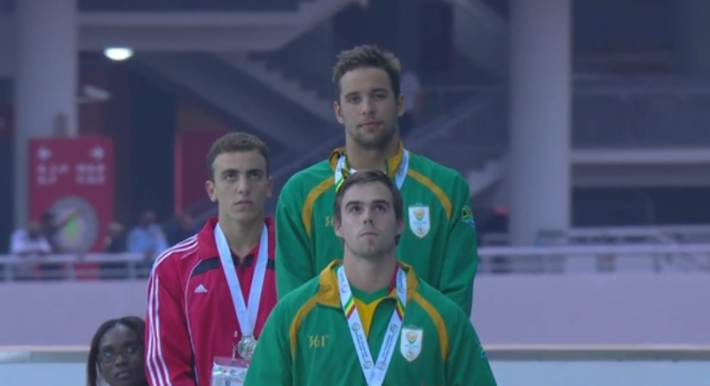 Chad Le Clos (centre) was one South African winner on a day of dominance today ©Brazzaville 2015