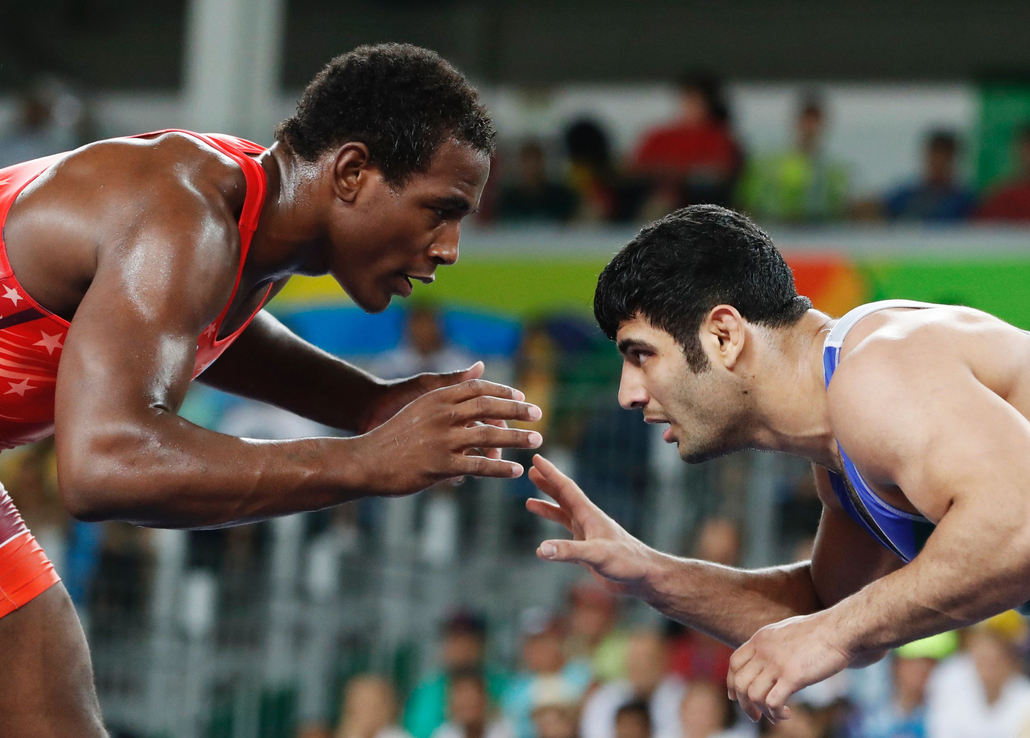 United World Wrestling banned Alireza Karimi, right, after he refused to compete against an Israeli opponent ©Getty Images