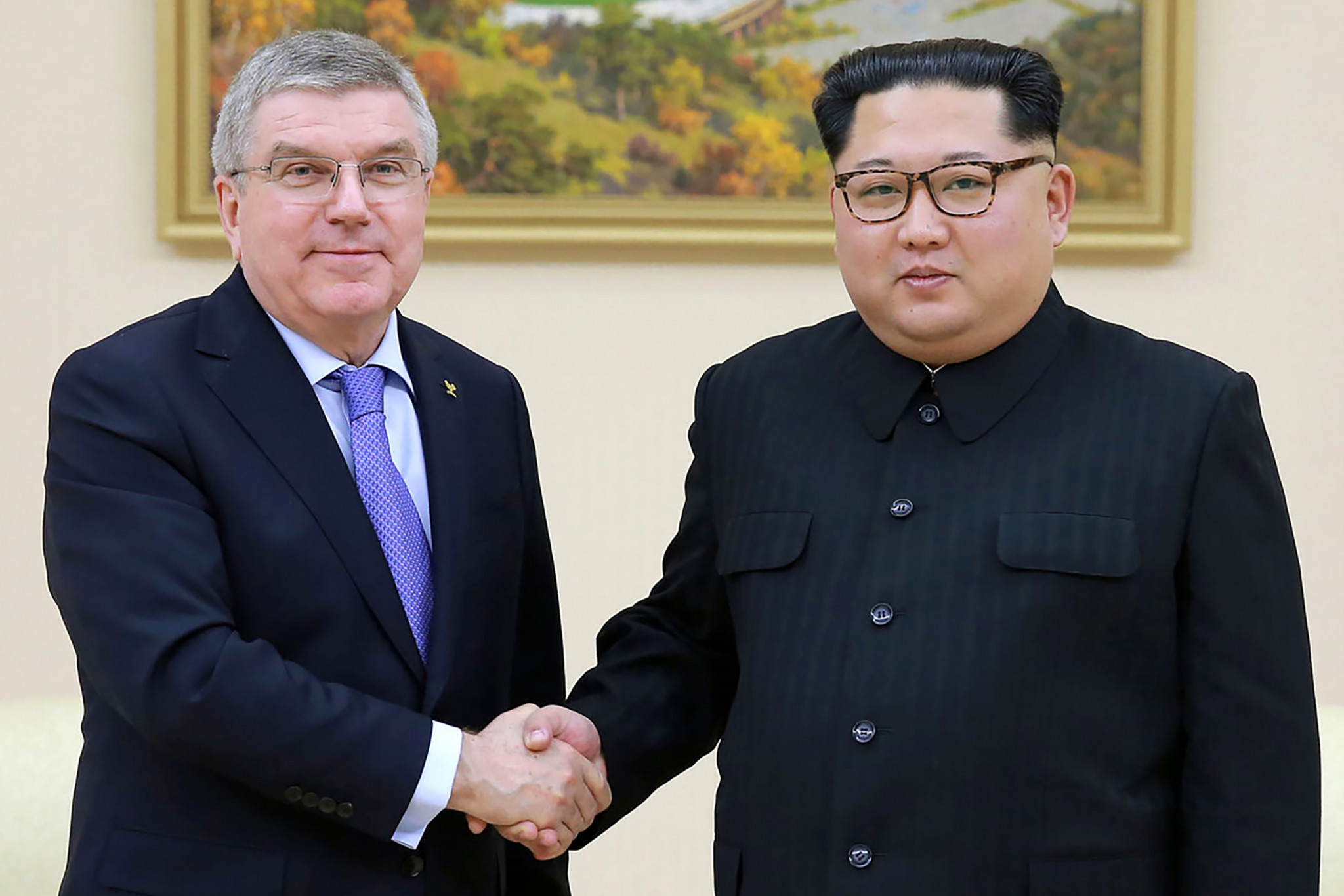 IOC President Thomas Bach, left, met with North Korea's Supreme Leader Kim Jong-un in Pyongyang last month ©Getty Images