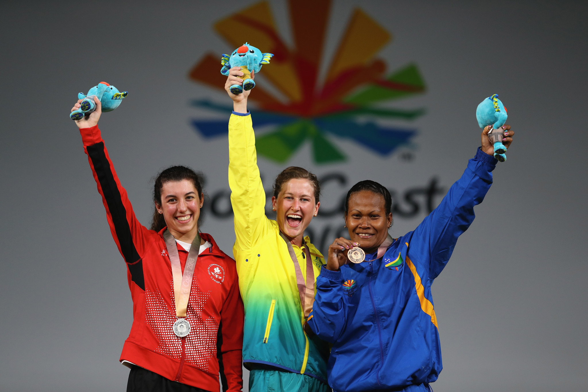 She was joined on the podium by Canada's Tali Darsigny and Solomon Islands' Jenly Winly, whose bronze was her country's first-ever medal at the Commonwealth Games ©Getty Images