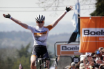 The Neterlands Anna Van der Breggen celebrates her victory in the UCI World Cup event in Flèche Wallonne 