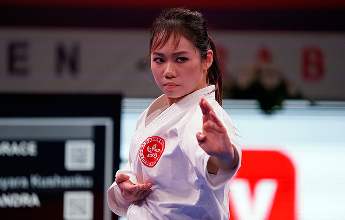 Hong Kong’s Mo Sheung Grace Lau earned a surprise win over Spain’s Sandra Sanchez in tje female kata at the Karate 1-Premier League in Rabat on  day of shocks ©WKF