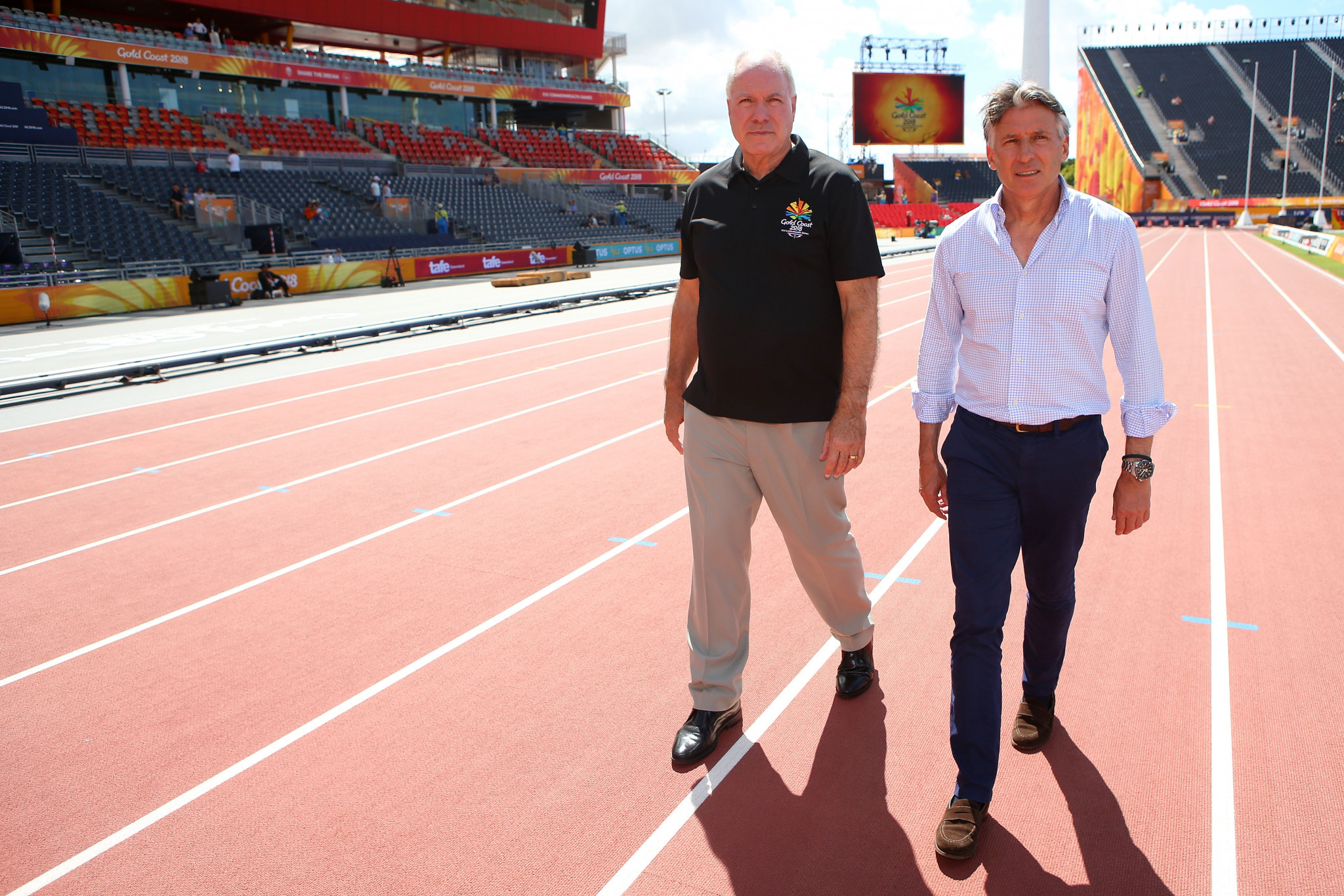 IAAF President Sebastian Coe, right, alongside Gold Coast 2018 chief executive Mark Peters, raised the idea of the mile being added to the programme for the 2022 Commonwealth Games in Birmingham during a visit here ©Getty Images