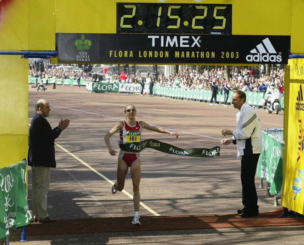 Paula Radcliffe crossing the line following her record-breaking London Marathon run in 2003 ©Getty Images