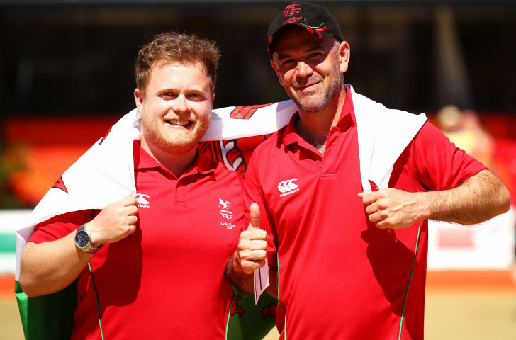 Wales's Daniel Salmon, left, and Marc Wyatt delivered more than telling bowls in earning a shock men's pairs win over Scotland's defending champions Alex Marshall and Paul Foster at the 2018 Gold Coast Games ©Getty Images