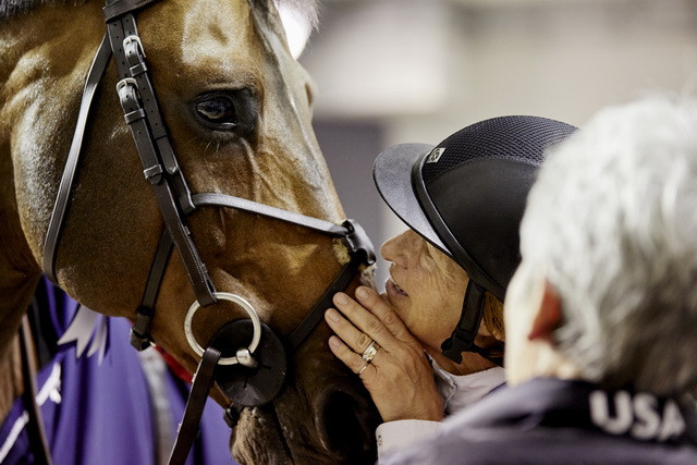 Beezie Madden, the double Olympic champion from the United States, focuses her attention on Breitling LS, with whom she won the opening speed competition at the FEI World Cup Show Jumping Final in Paris ©FEI