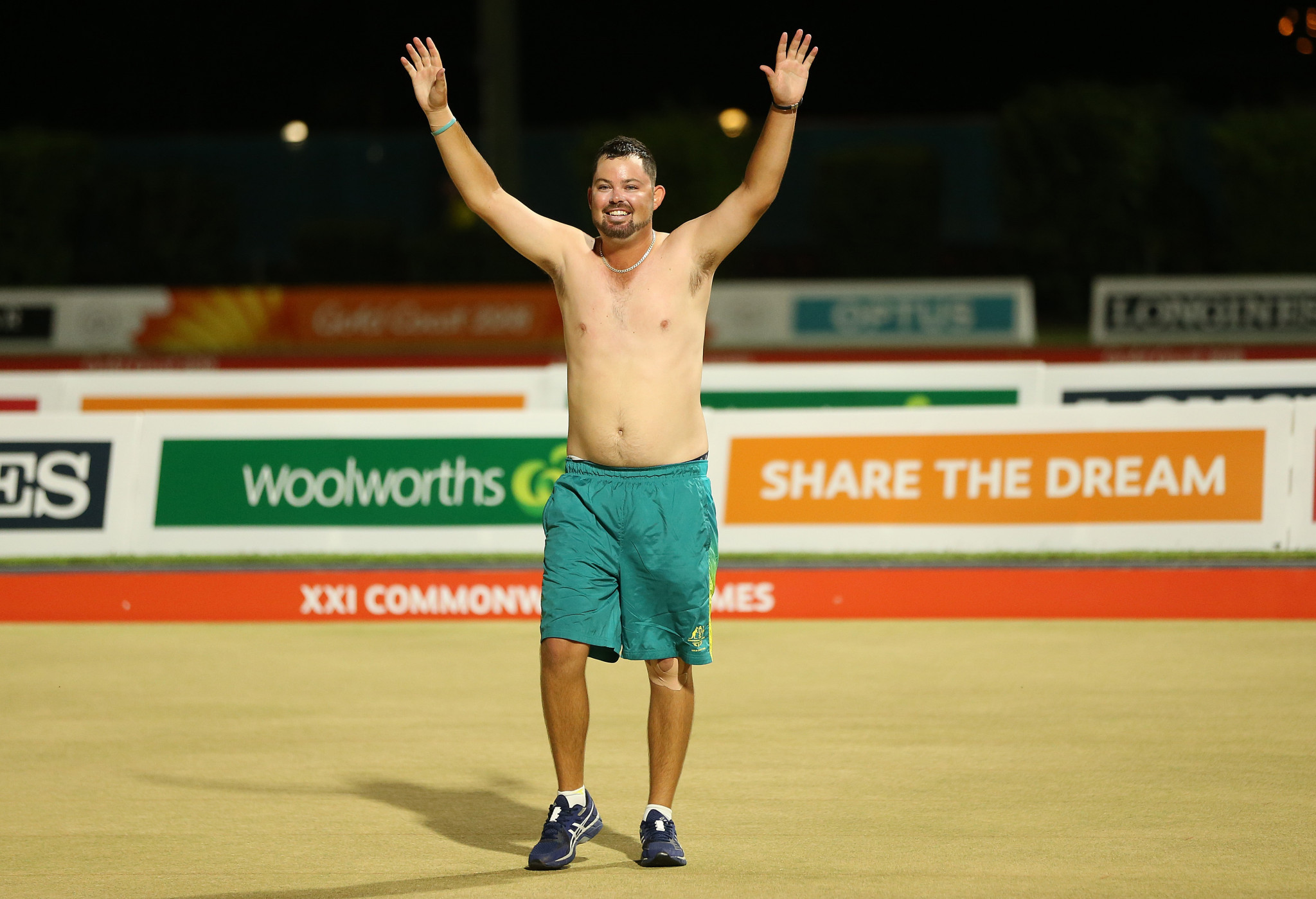 Australia's Aaron Wilson celebrated his triumph in the men's singles lawn bowls event by taking off his t-shirt ©Getty Images