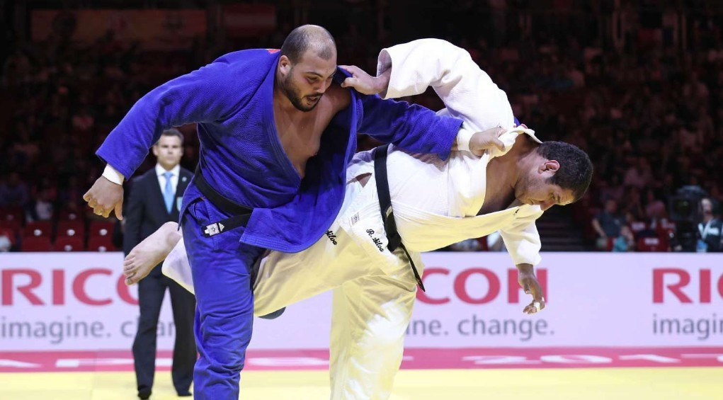 Home judoka Faicel Jaballah, left, lived up to his billing as top seed in the men's over 100kg class on day one of the African Judo Championships in Tunis ©IJF