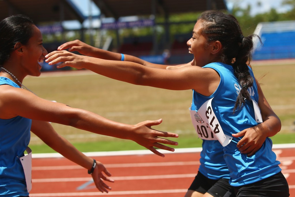 There were joyous scenes after the last athletics race of the event as Samoa's girl's 4x100m relay claimed an unexpected bronze medal ©Getty Images