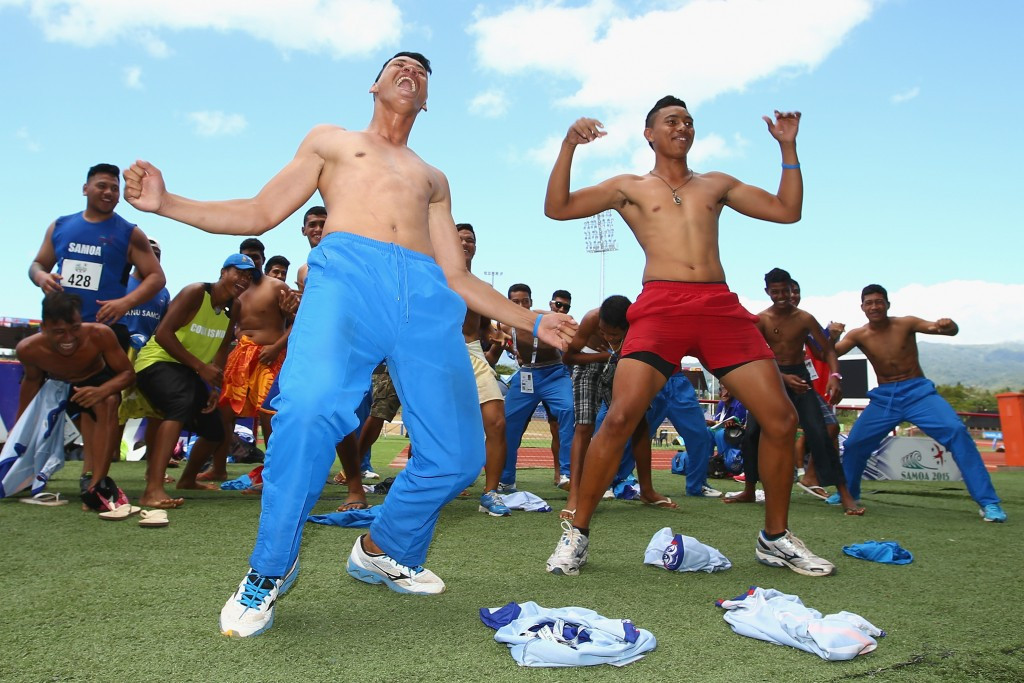 The Samoan athletics team decided to perform a dance routine at the conclusion of the track and field events today ©Getty Images