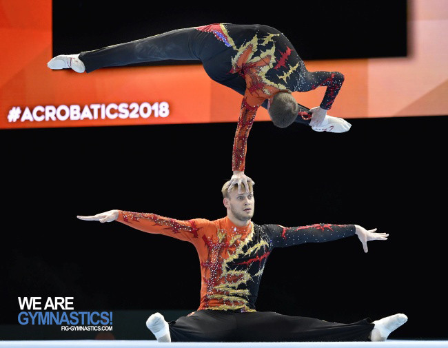 Nikolay Suprunov and his top Igor Mishev retained their Acrobatics  world men's pairs title ©FIG