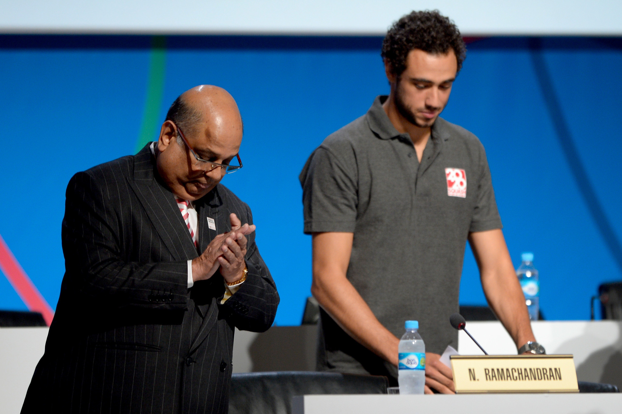 A plea from Egypt's Ramy Ashour, right, was not enough for squash to be added to the Olympic programme at Tokyo 2020 at the 2013 IOC Session in Buenos Aires, where wrestling was retained instead ©Getty Images