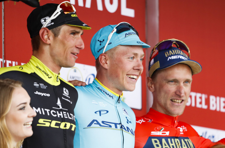  Denmark's Michael Valgren, centre, on the podium along with second-placed Czech Republic's Roman Kreuziger, left, and third-placed Italy's Enrico Gasparotto pose on the podium after the Amstel Gold Race ©Getty Images