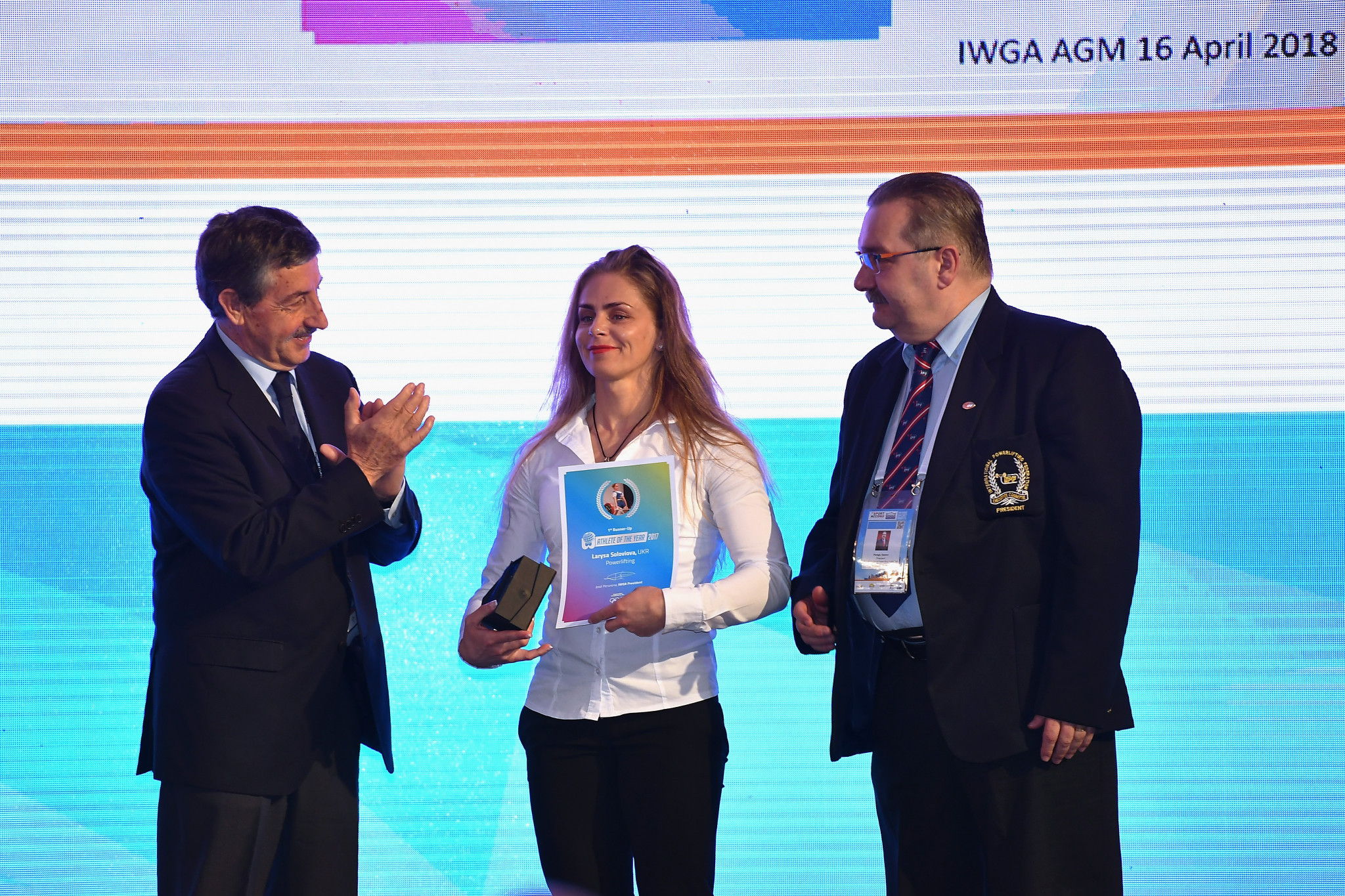 Ukrainian powerlifter Larysa Soloviova received her athlete of the year award ©Getty Images