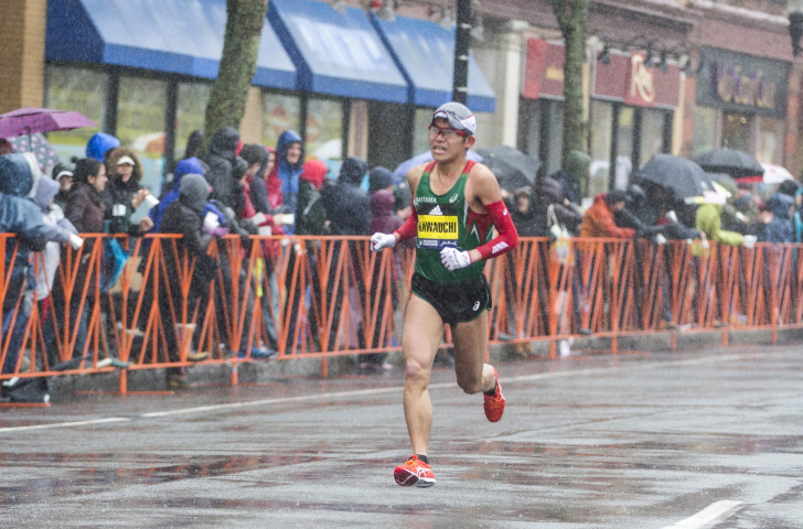 Japan's Yuki Kawauchi heads for his first major marathon victory in a rainswept Boston today ©Getty Images