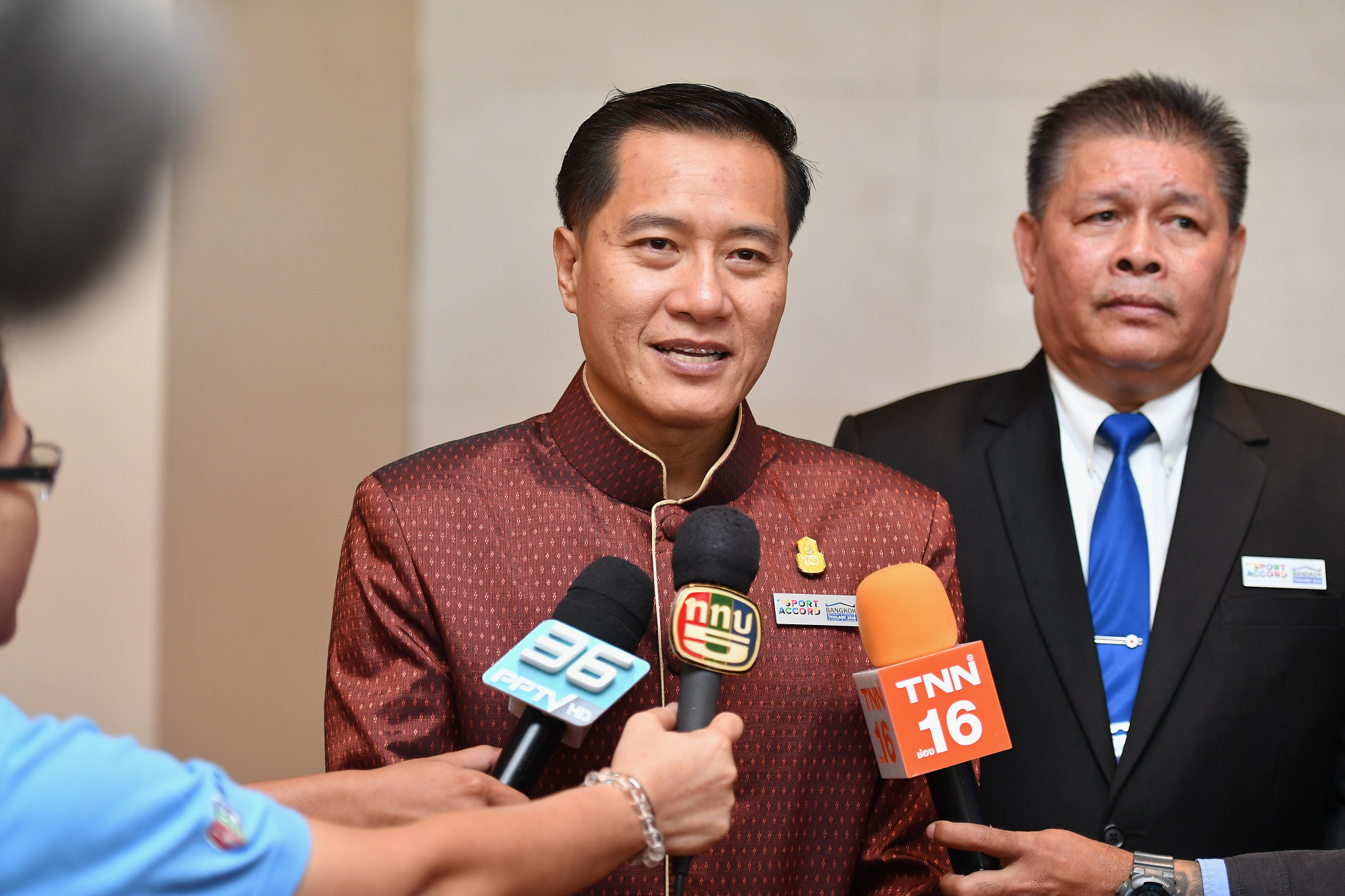 Thailand's Minister of Tourism and Sports Weerasak Kowsurat spoke to the media after attending the United Through Sport conference ©Getty Images